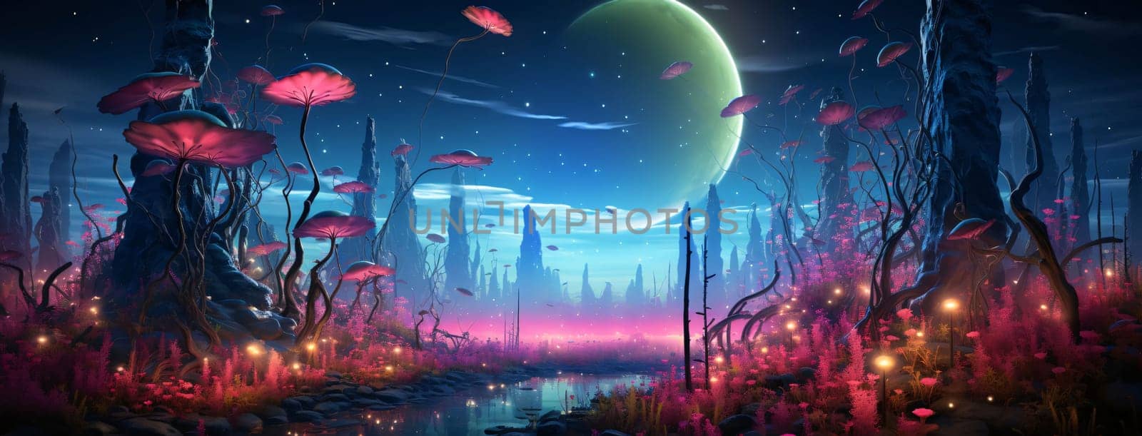 Banner: Fantasy landscape with a fantastic alien planet. 3D illustration.