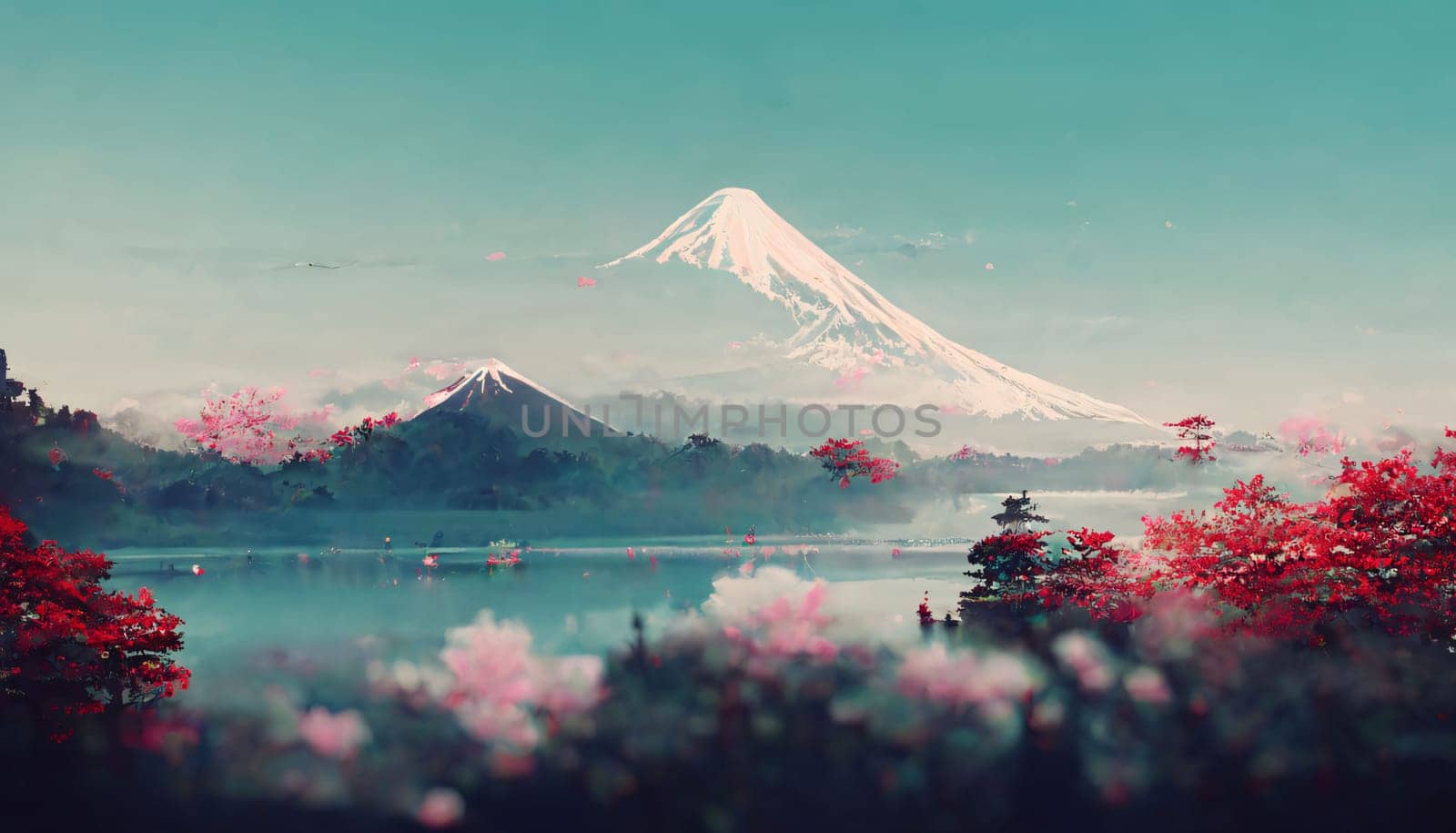 Mount Fuji and sakura at lake. by ThemesS