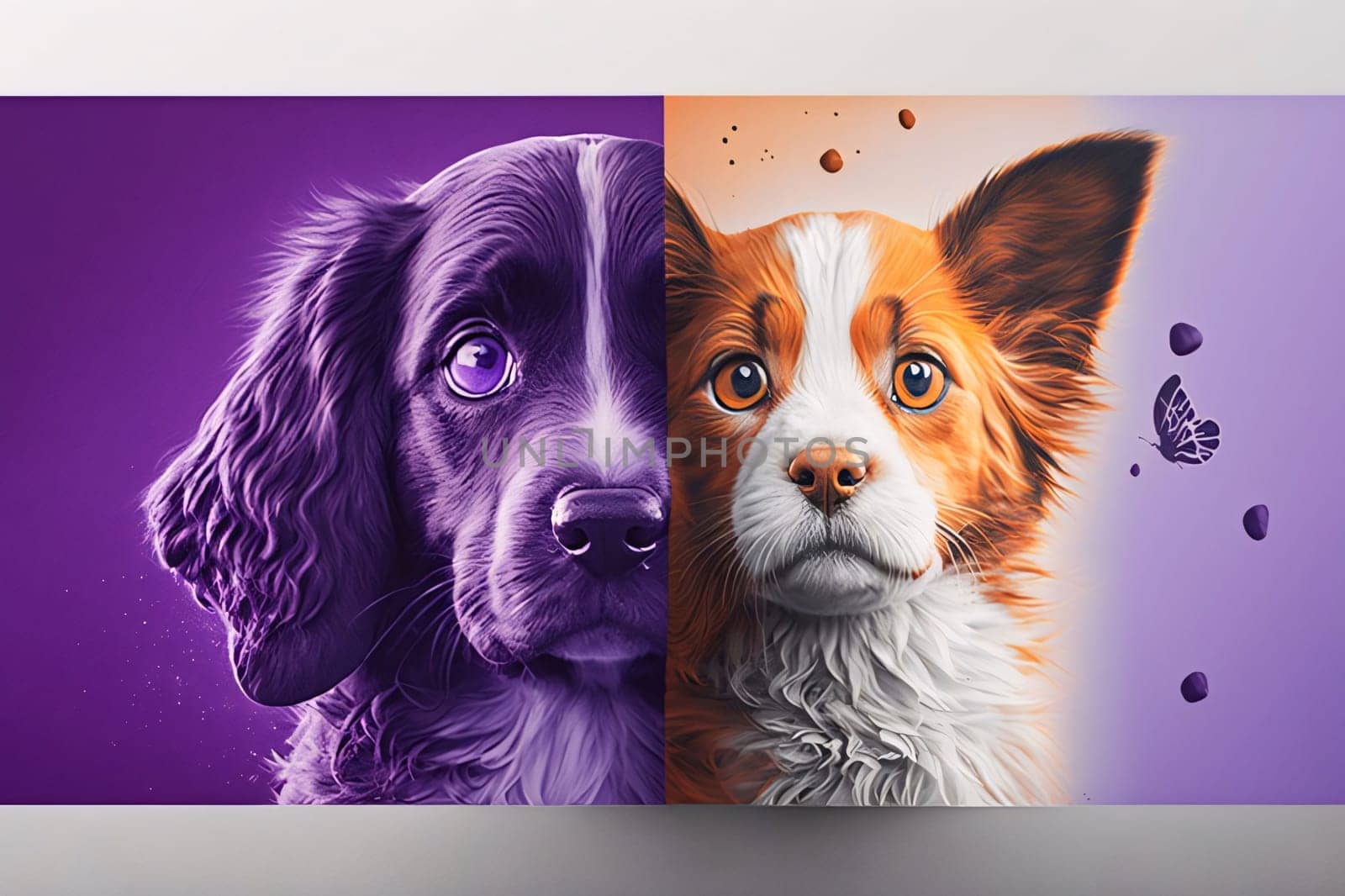 Banner: Collage of portraits of a dog and a butterfly on a purple background
