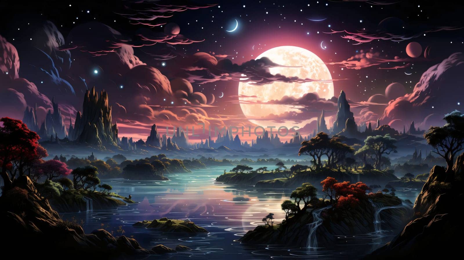 Fantasy landscape with a full moon in the night sky. Vector illustration. by ThemesS