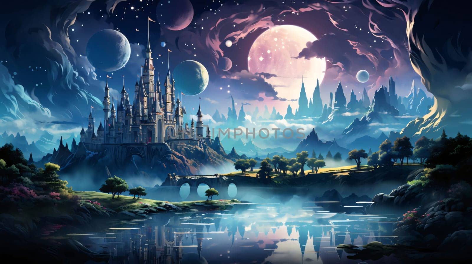 Banner: Fantasy landscape with fantasy castle and moon. 3d illustration.