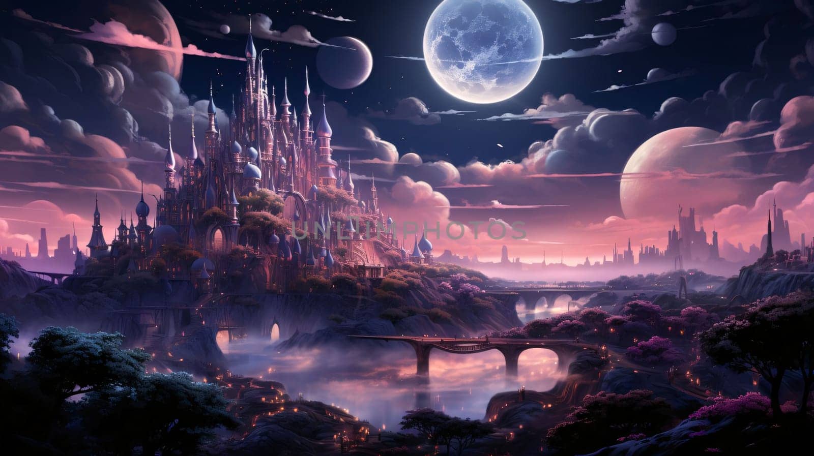Fantasy landscape with fantasy city and moon. 3D illustration. by ThemesS