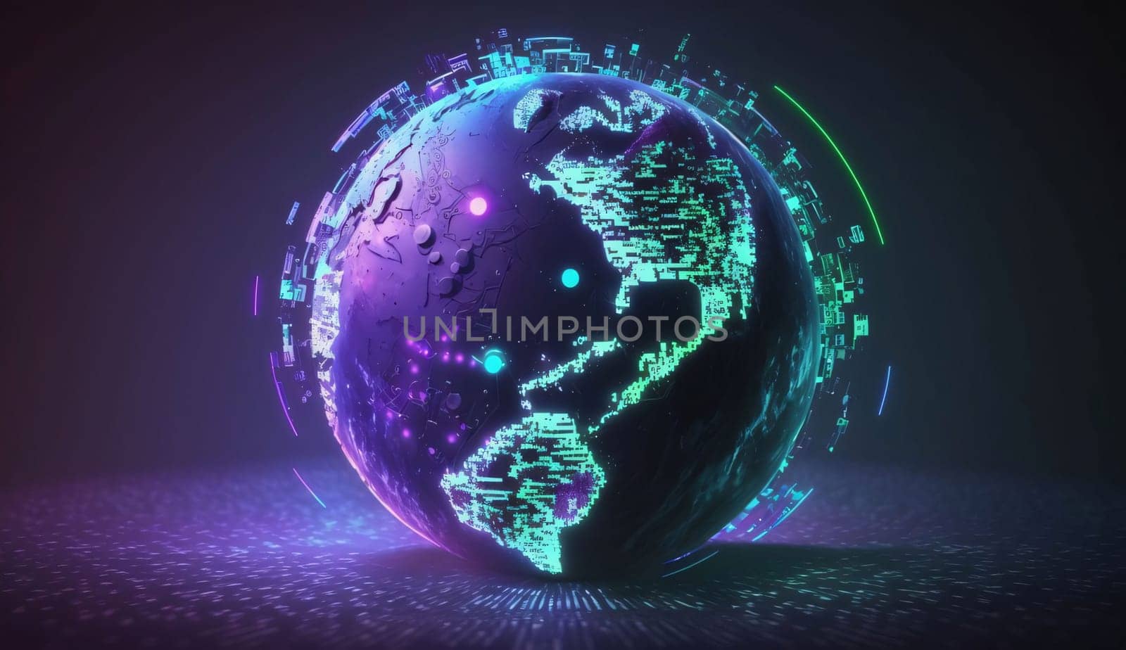 Banner: Glowing globe with binary code and lines on dark background. 3D rendering