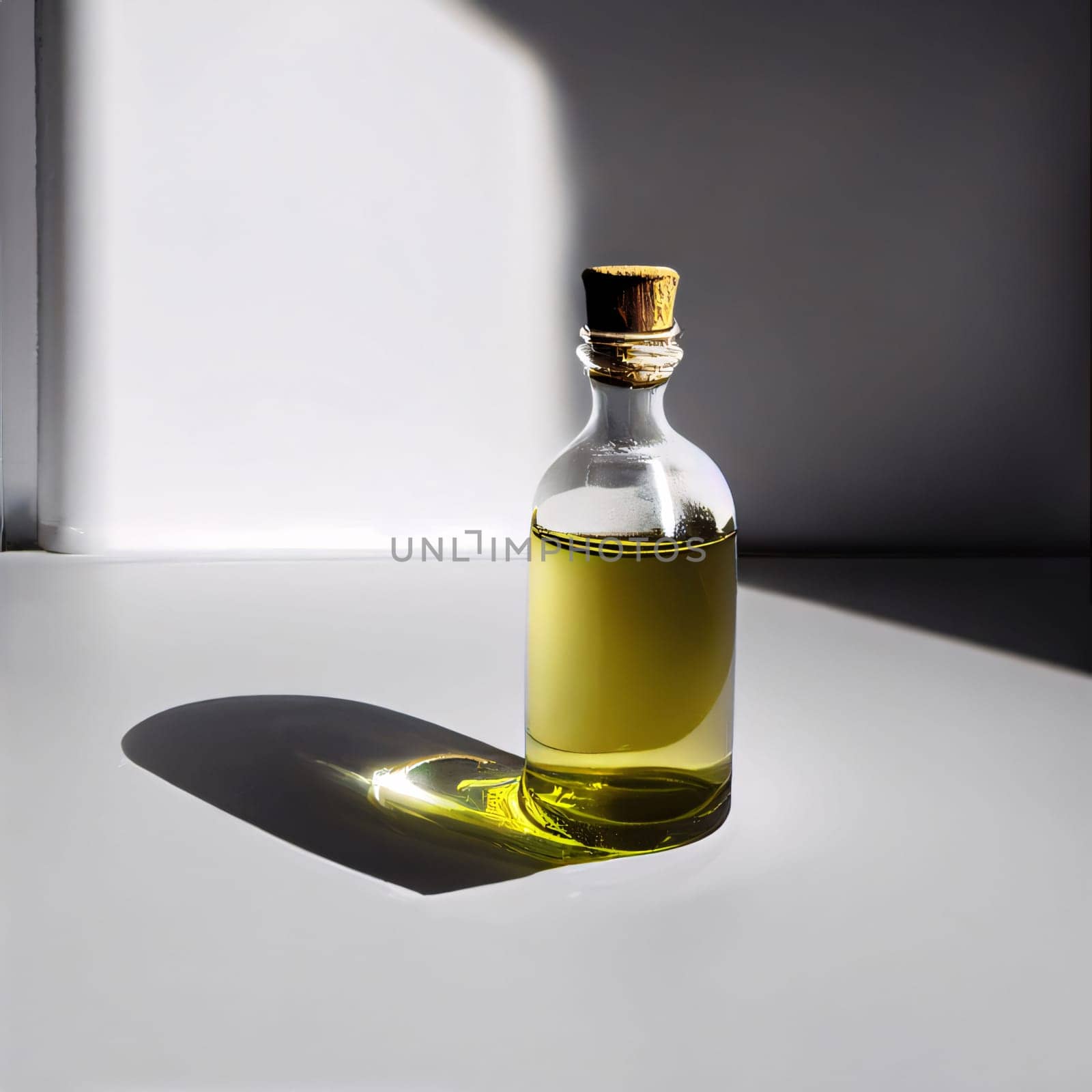 Banner: Glass bottle with olive oil on a white background with a shadow.