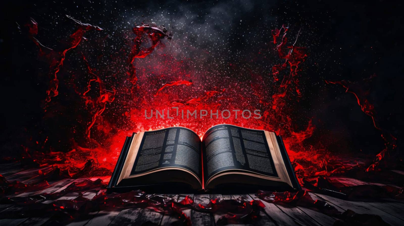 Banner: Open book on old wooden floor with burning pages in dark room.