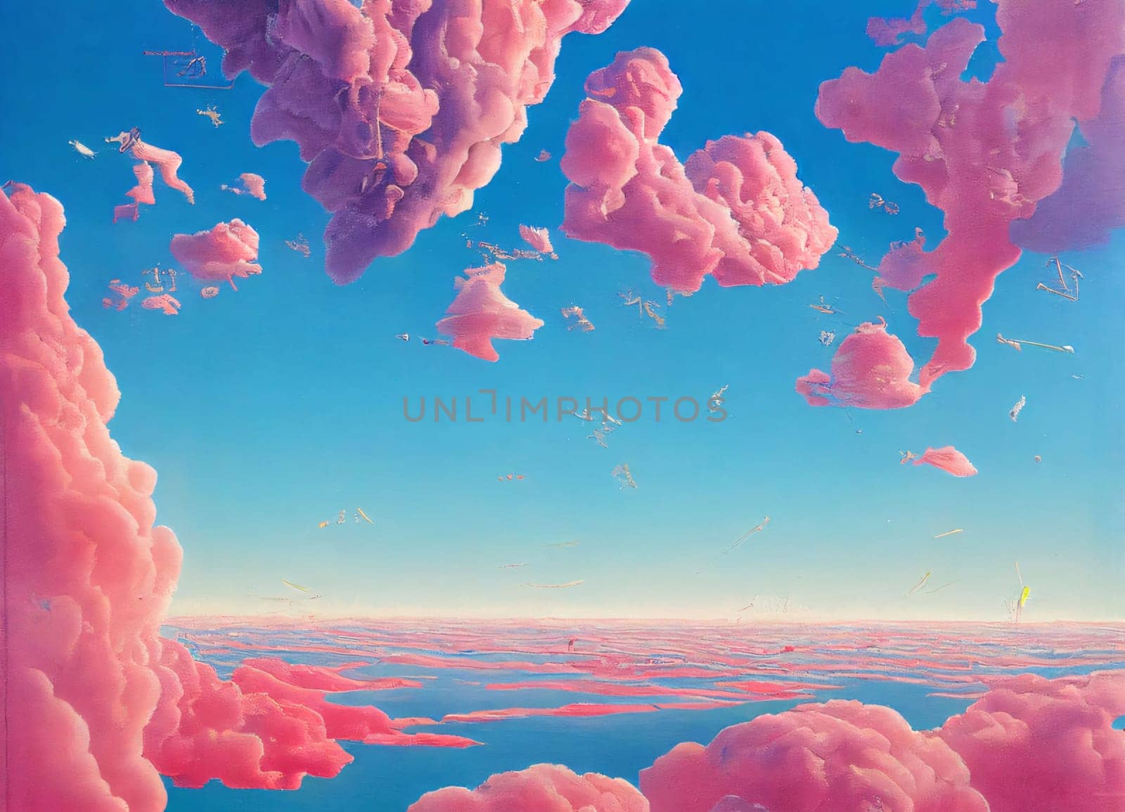 Banner: Pink clouds in the blue sky. 3D rendering. Computer digital drawing.