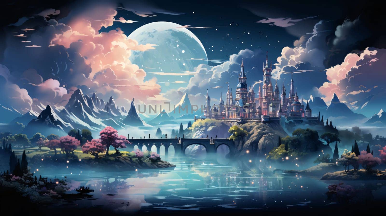 Banner: Magic Fairy Tale Landscape with Castle and Bridge. Vector Illustration.