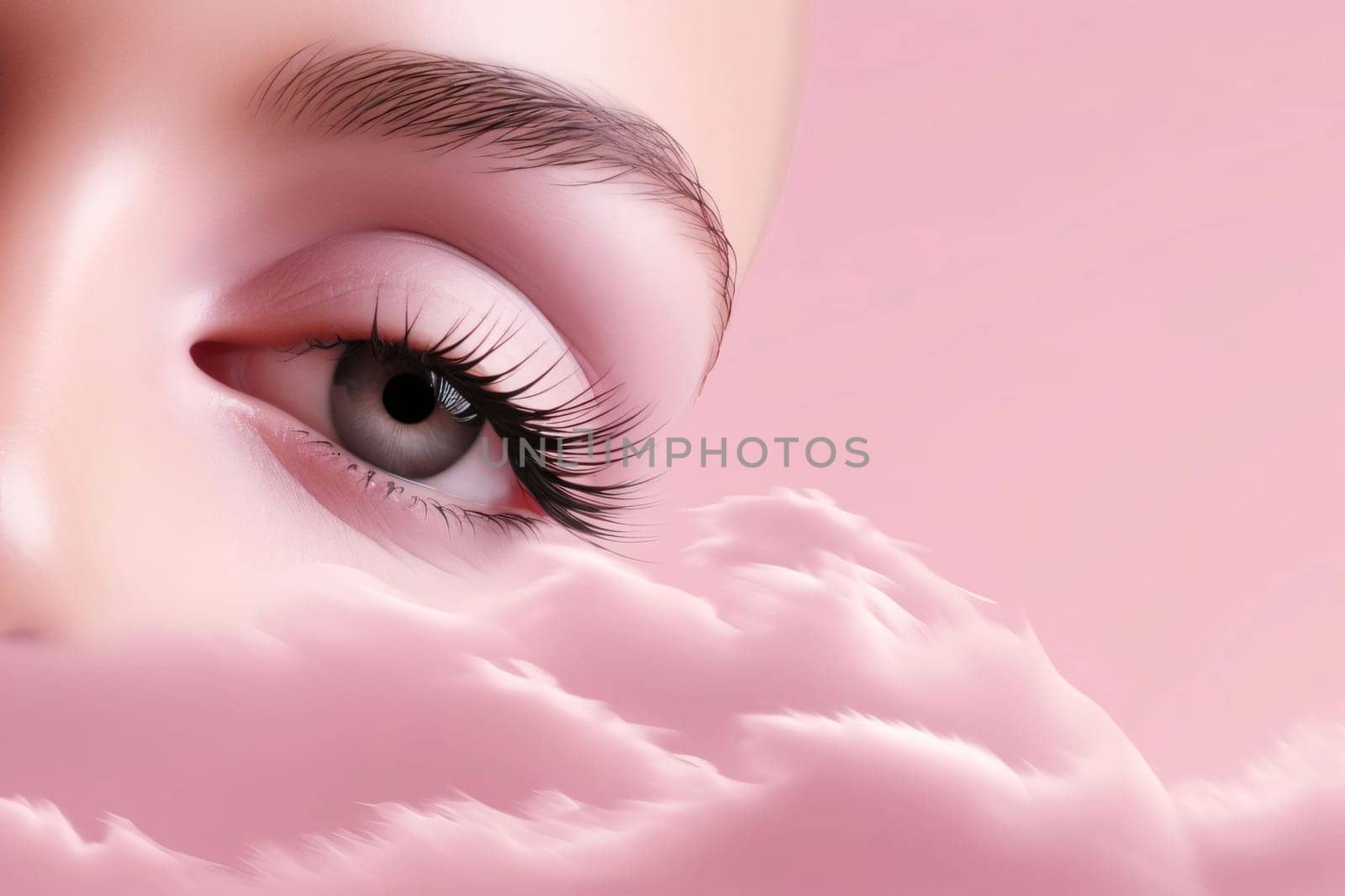 Banner: Beautiful female eye in pink fluffy cloud. 3d illustration.