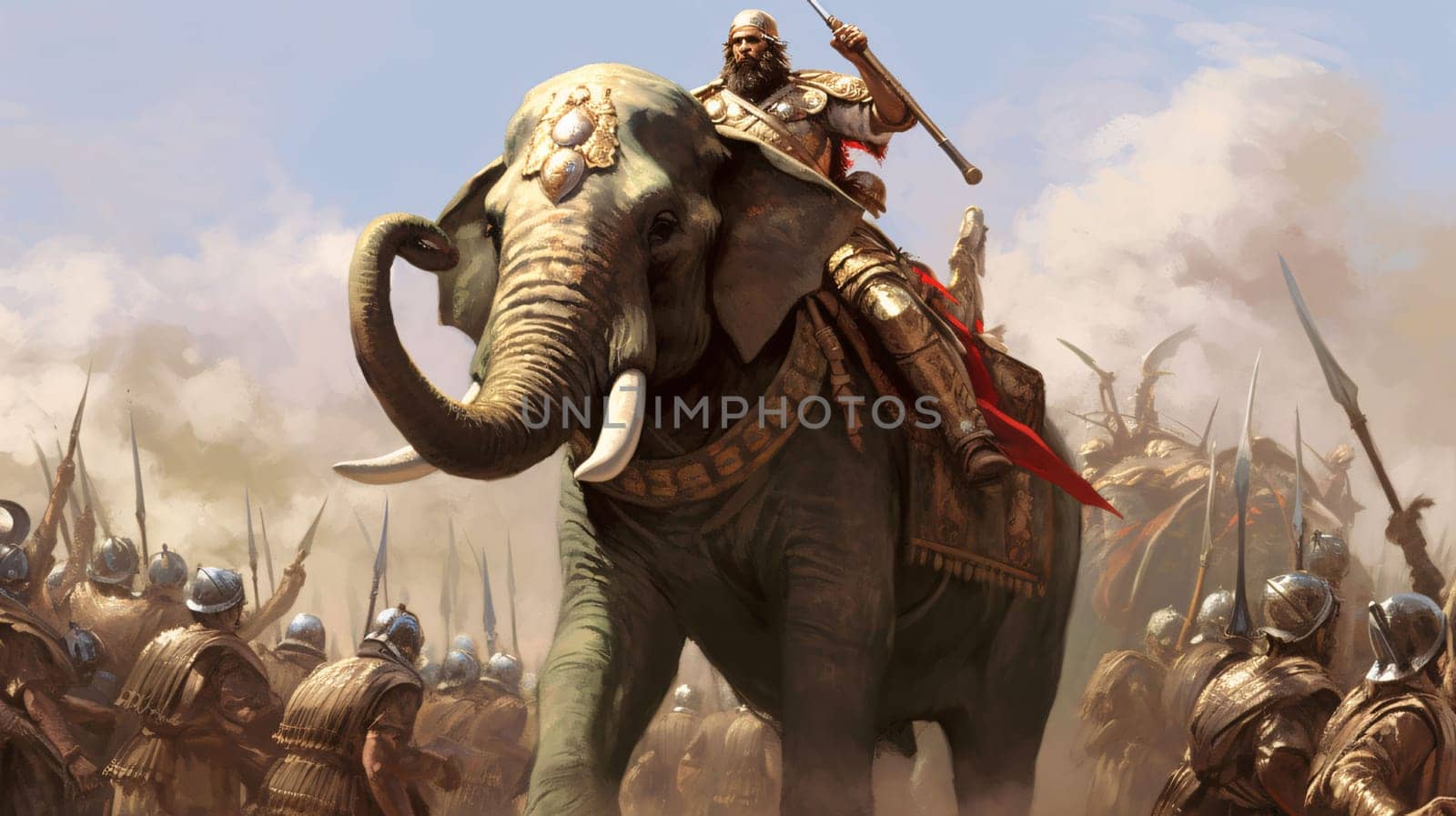 Banner: elephant in the armor of the medieval knight. 3d illustration