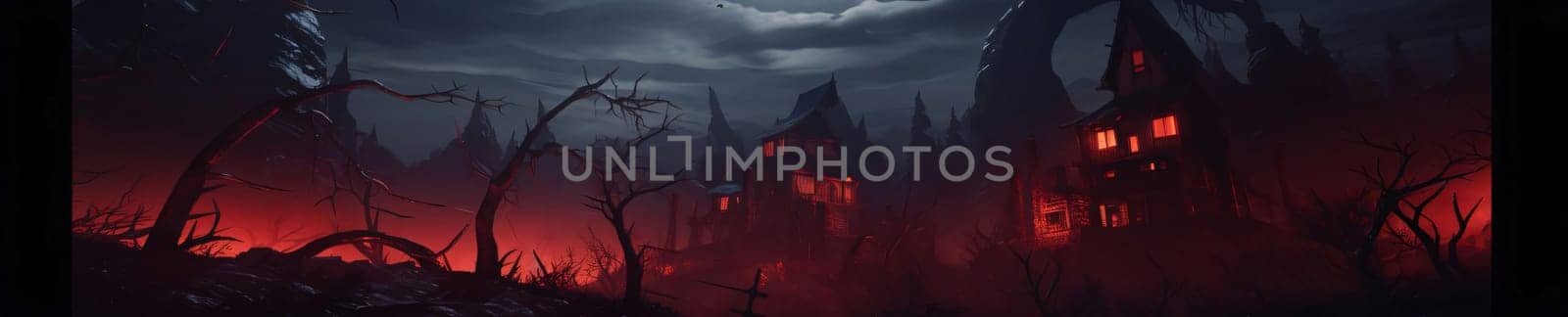 Banner: Horror Halloween background with haunted house and dead trees. 3d render