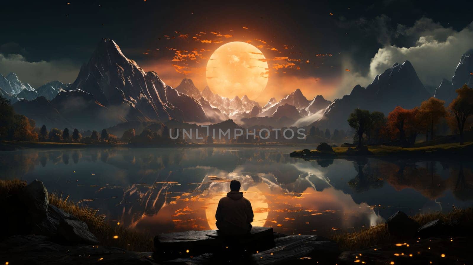 Banner: Man meditating on the lake at night. 3D rendering.
