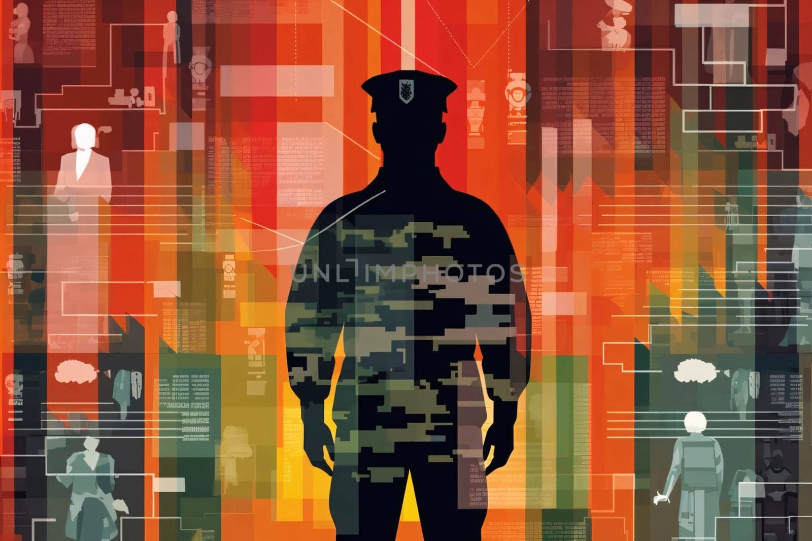 Silhouette of a man in a military uniform against the background of the city. Vector illustration by ThemesS