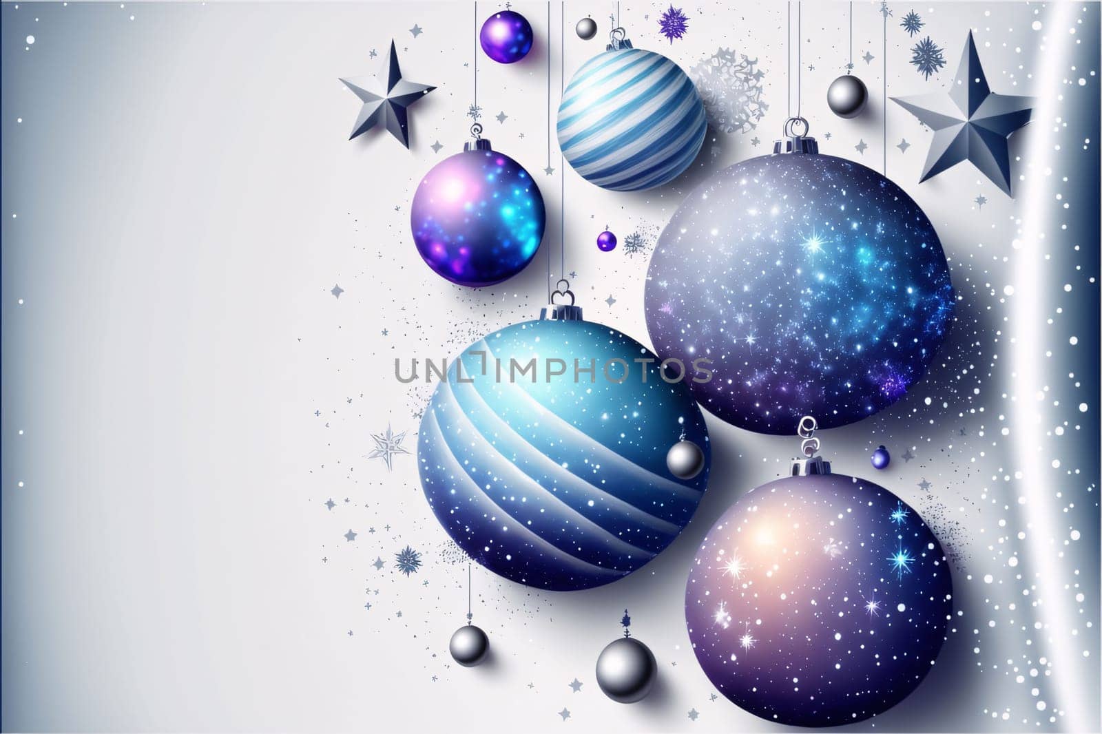 Christmas and New Year background with blue balls and stars. Vector illustration. by ThemesS