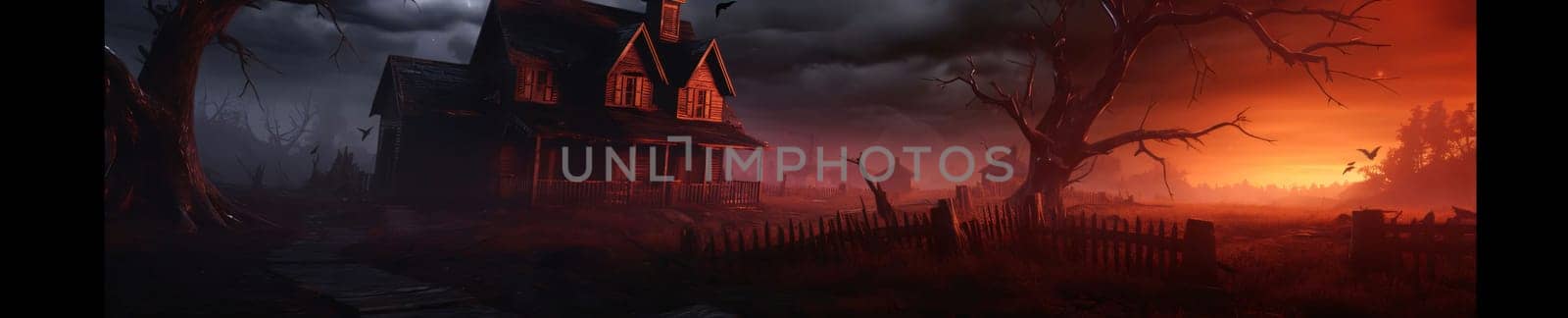 Banner: Halloween night landscape with old wooden house and trees. Halloween background