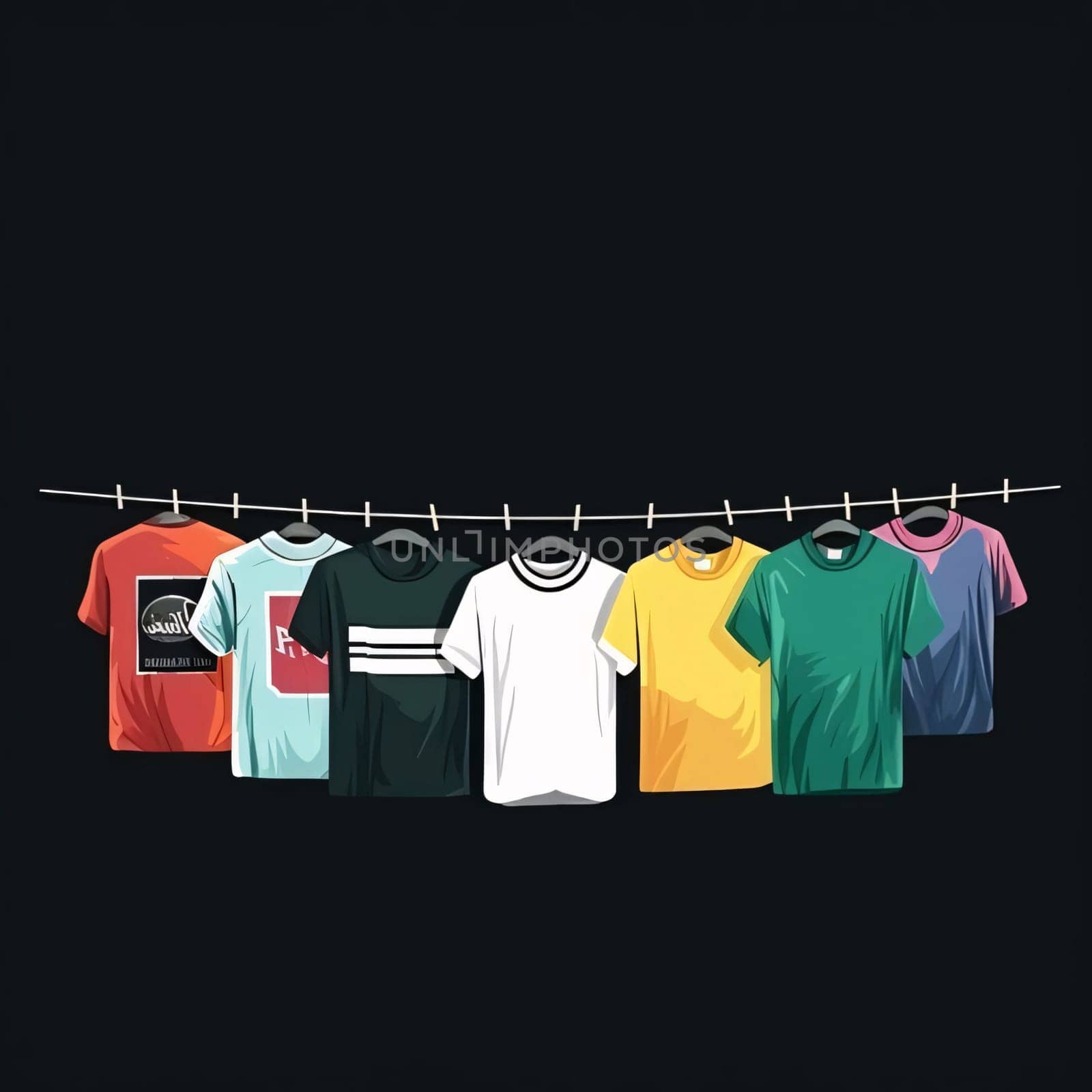 T-shirts hanging on a clothesline. Vector illustration. Black background. by ThemesS