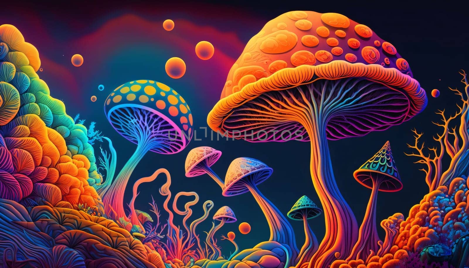 Banner: Mushroom background. Psychedelic hallucination. Vector illustration.