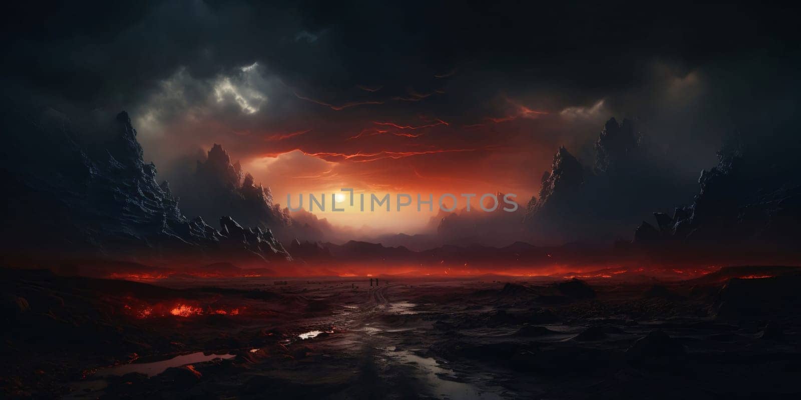 Banner: Fantasy alien planet. Mountain and river. 3D illustration.