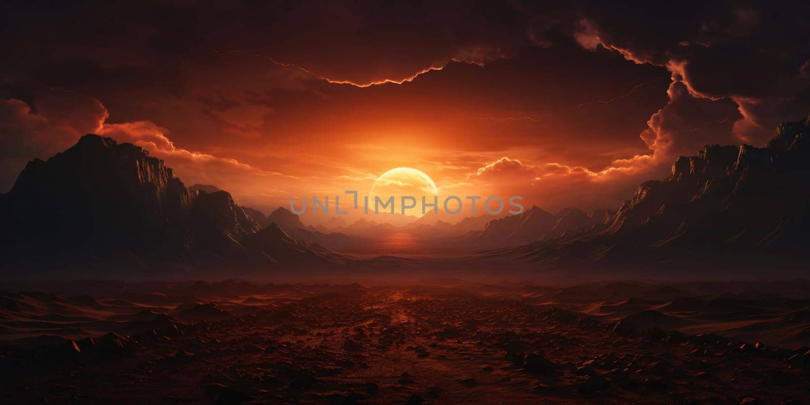 Banner: Fantasy alien planet. Mountain and sun. 3D illustration.