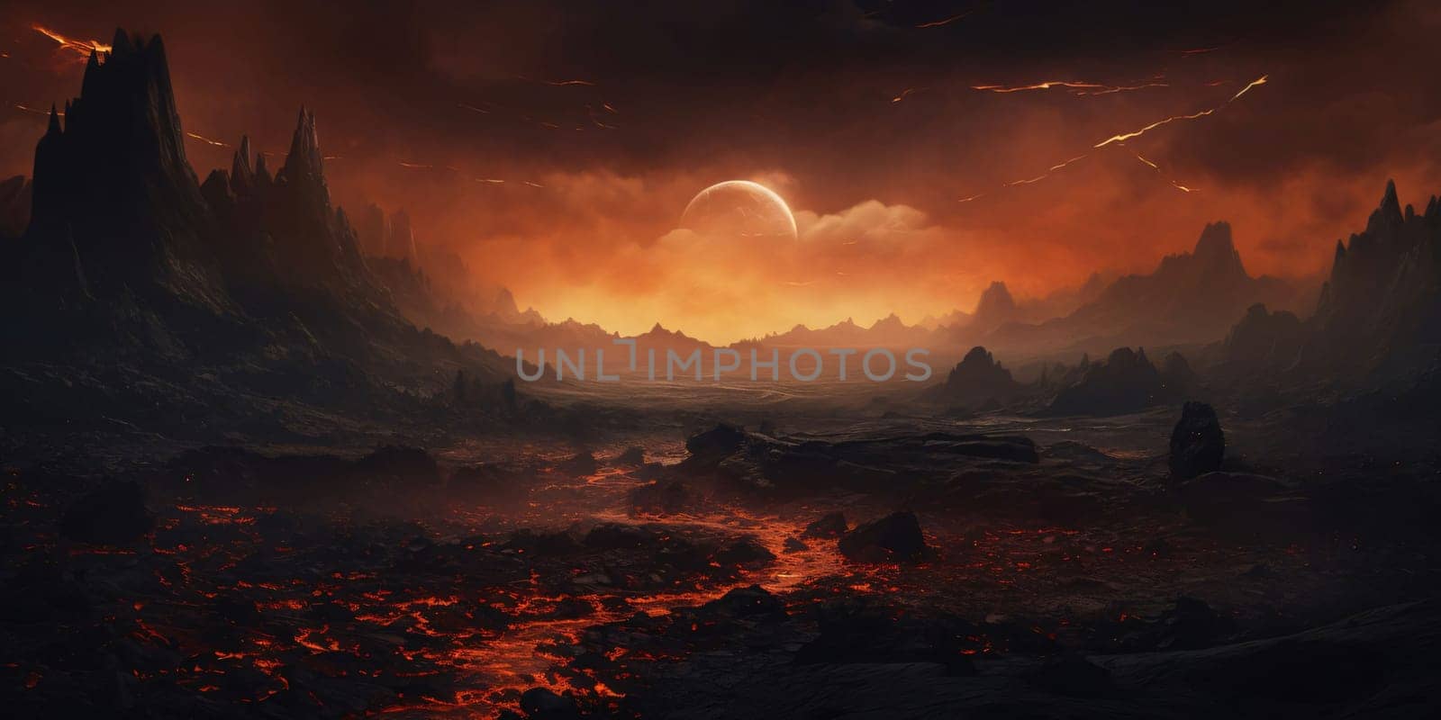 Banner: Fantasy alien planet. Mountain and lake. 3D illustration.