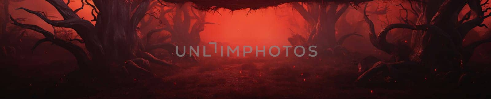 Banner: Horror forest. Horror Halloween concept. Scary landscape of scary dark forest.