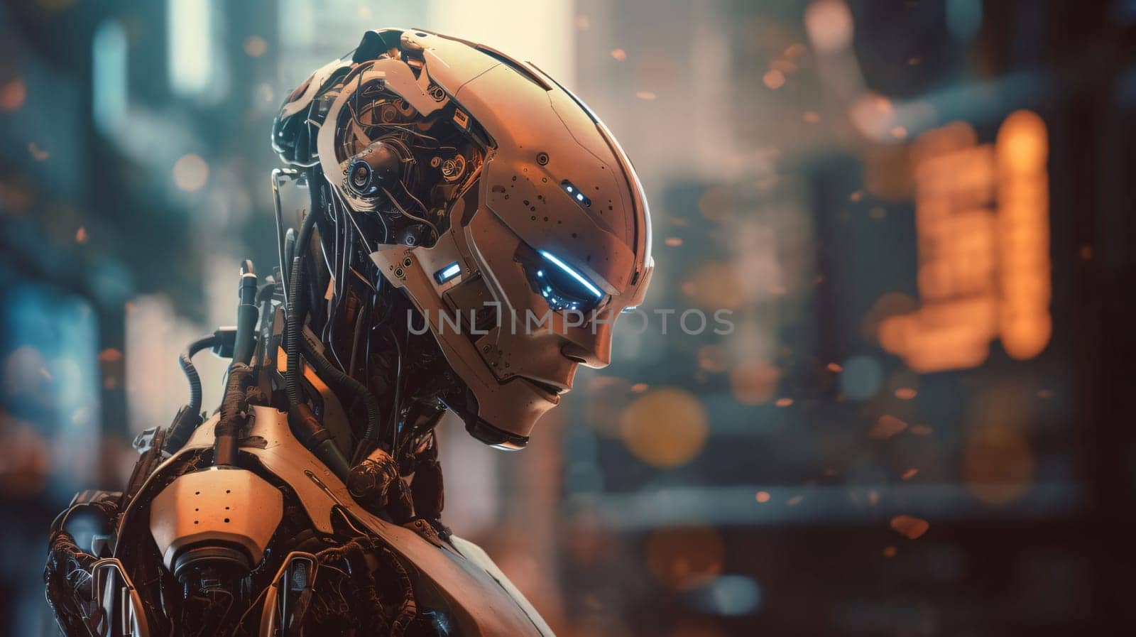 Banner: 3d rendering of robot in the city at night with lights on