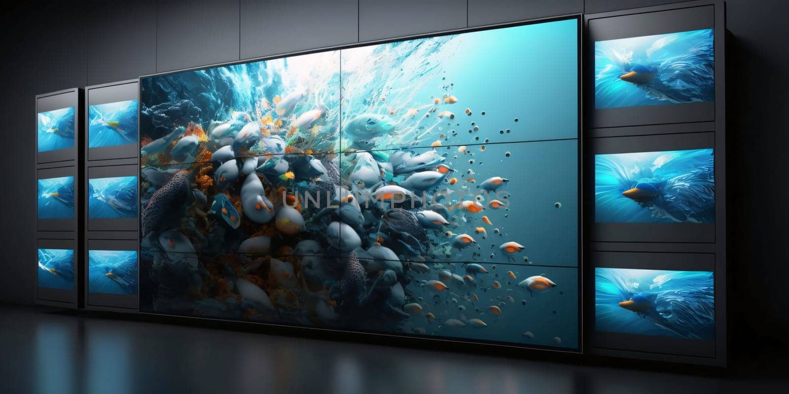 3D rendering of the TV set in a room with many fish by ThemesS