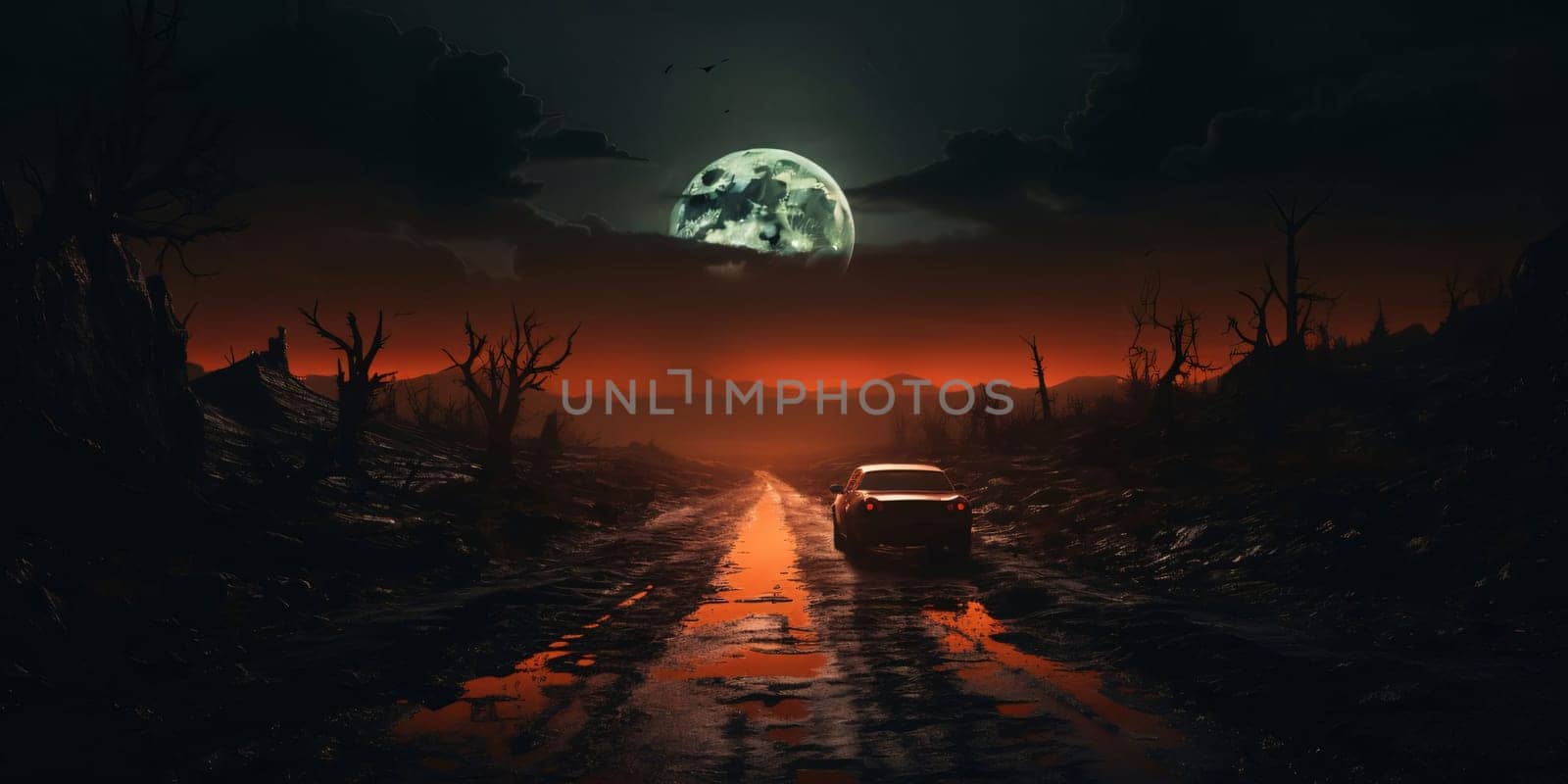 Banner: Car driving through the forest at night with full moon. 3D rendering