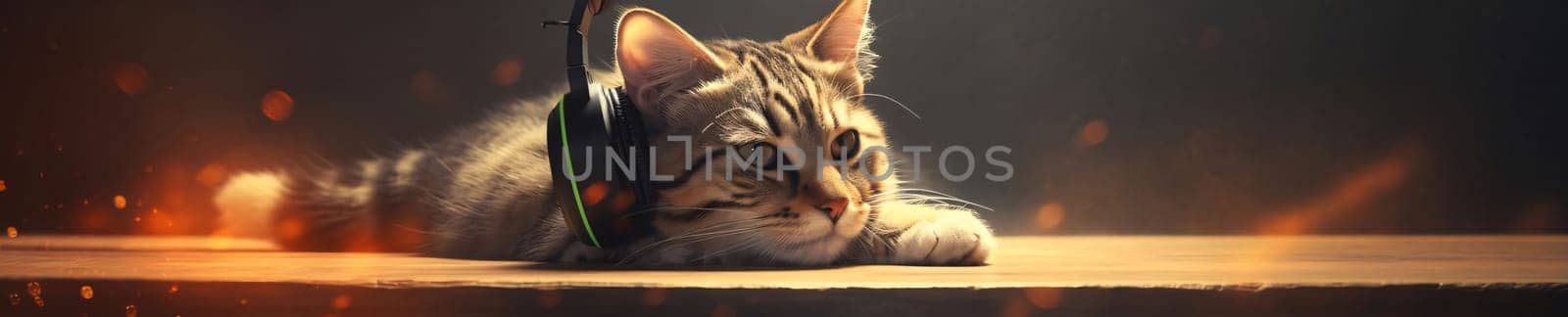 Banner: Cute cat listening to music in headphones on dark background. Banner.
