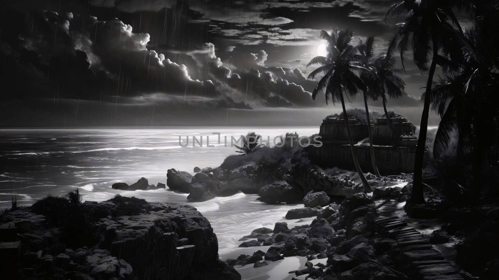 Banner: Tropical beach at night with palm trees, sun and waves