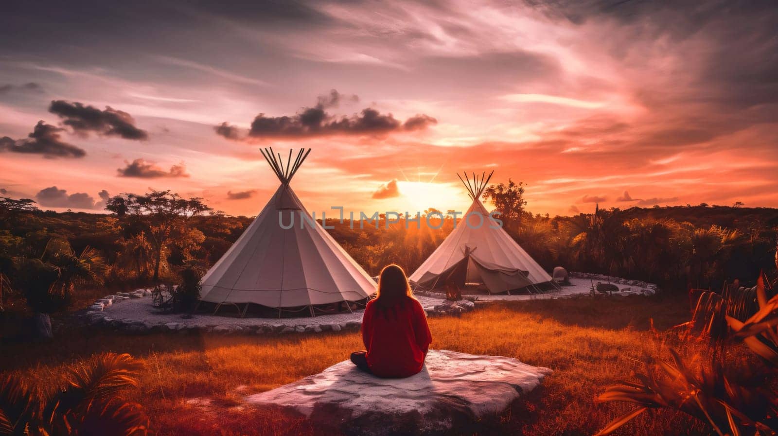 Woman sitting in front of indian teepee tent with sunset sky by ThemesS
