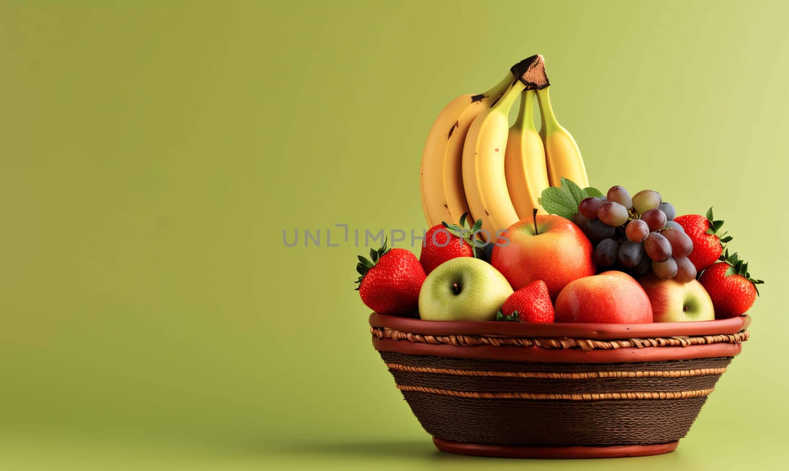 Banner: Bowl of fresh fruits on green background. 3d illustration.