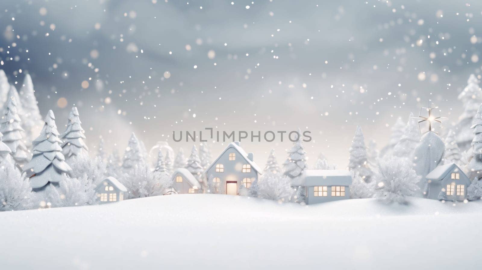 Christmas and New Year background. Winter landscape with houses, trees and snowflakes. by ThemesS