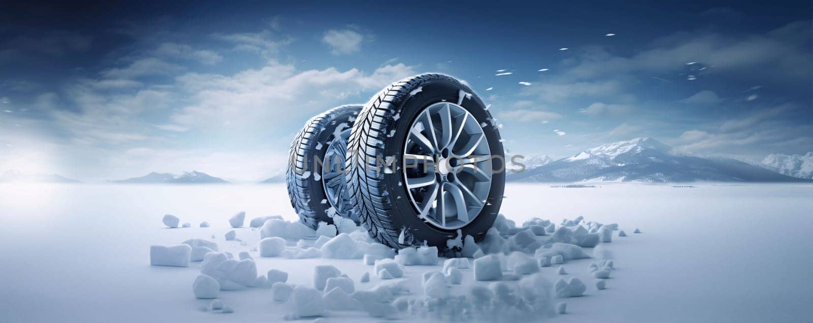 Car wheels against snowy landscape with snowdrift 3d-illustration by ThemesS