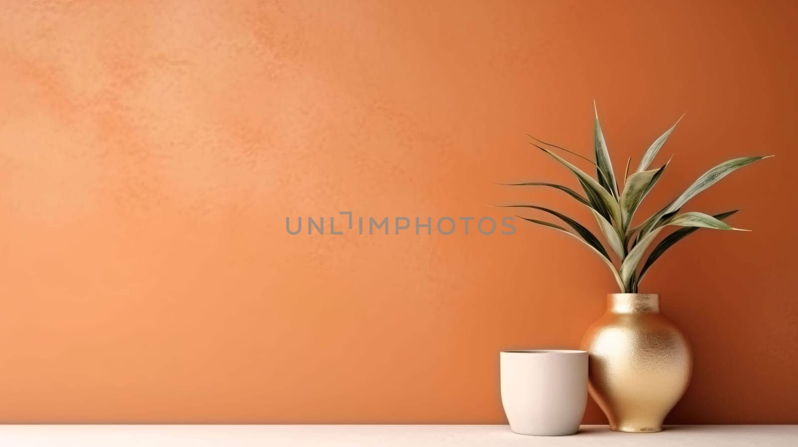 Banner: Vase with plant on orange wall background. 3d rendering.
