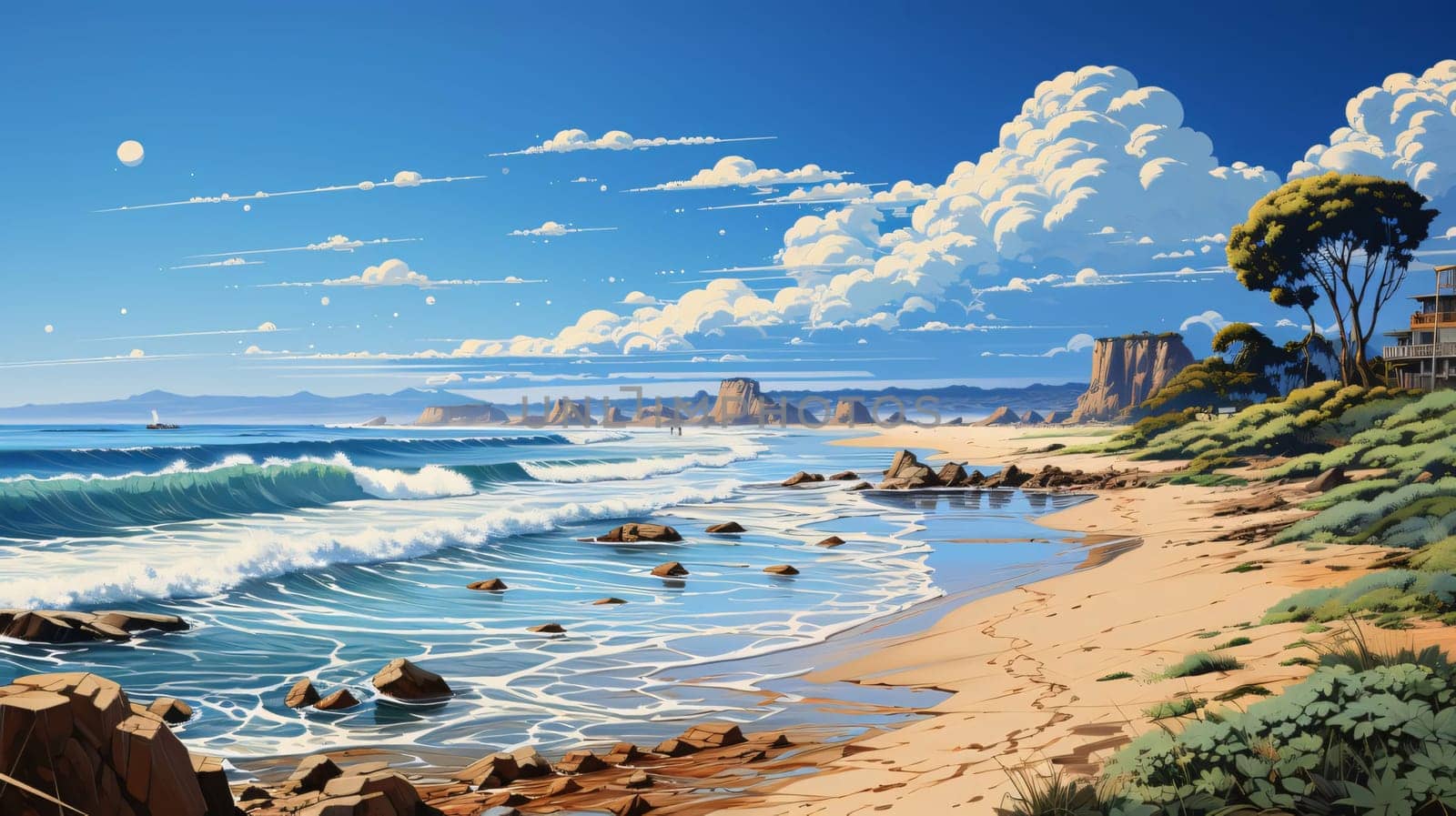 Banner: Beautiful seascape with blue sky and clouds. 3d rendering
