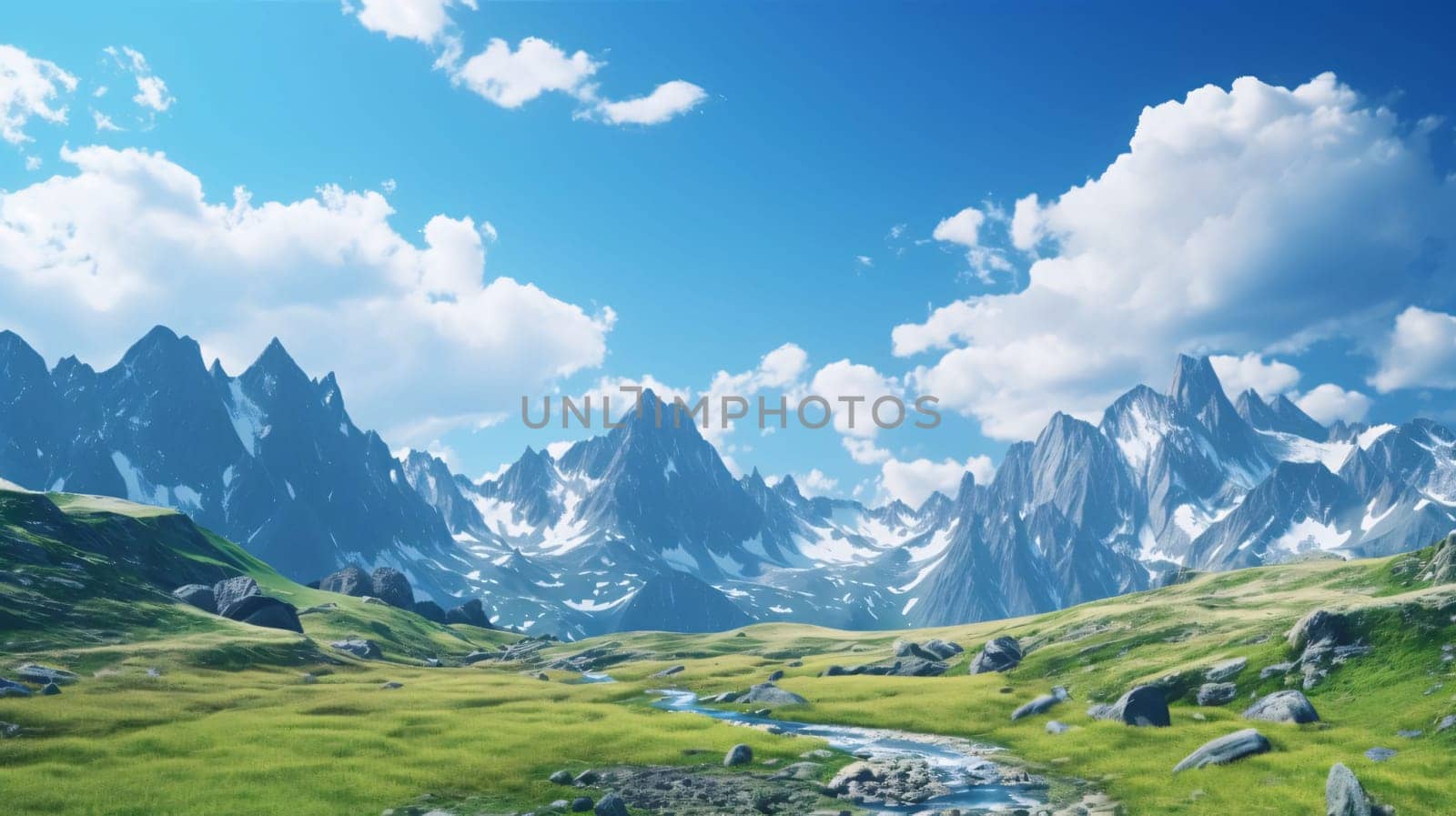 Mountain landscape with green grass and blue sky. 3d rendering by ThemesS