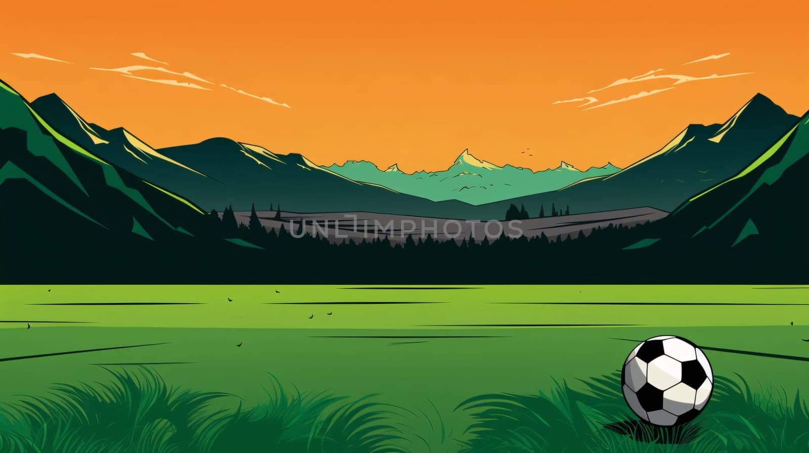 Banner: Beautiful landscape with mountains and a soccer ball. Vector illustration.