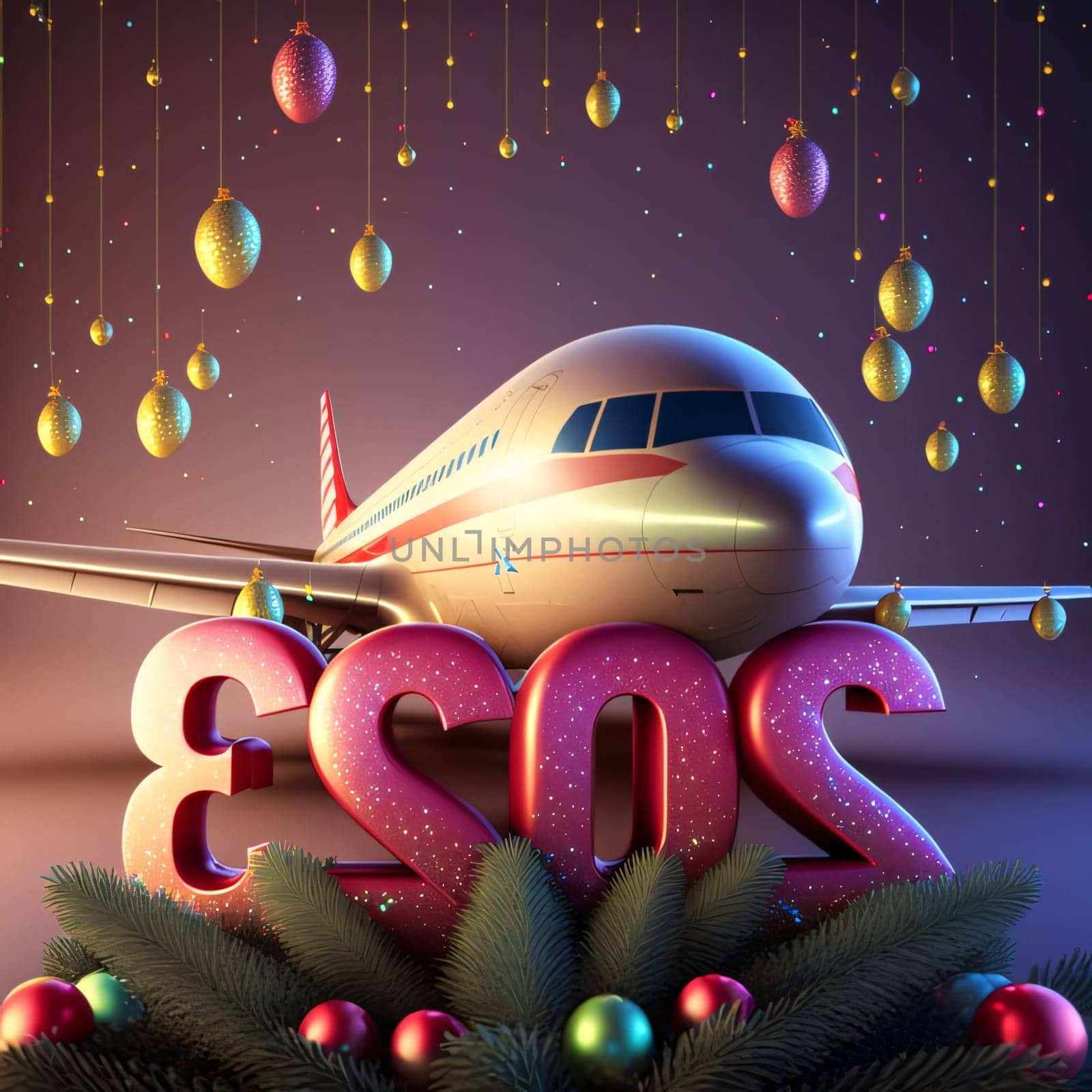 3D illustration of New Year's Eve with airplane and Christmas decorations by ThemesS