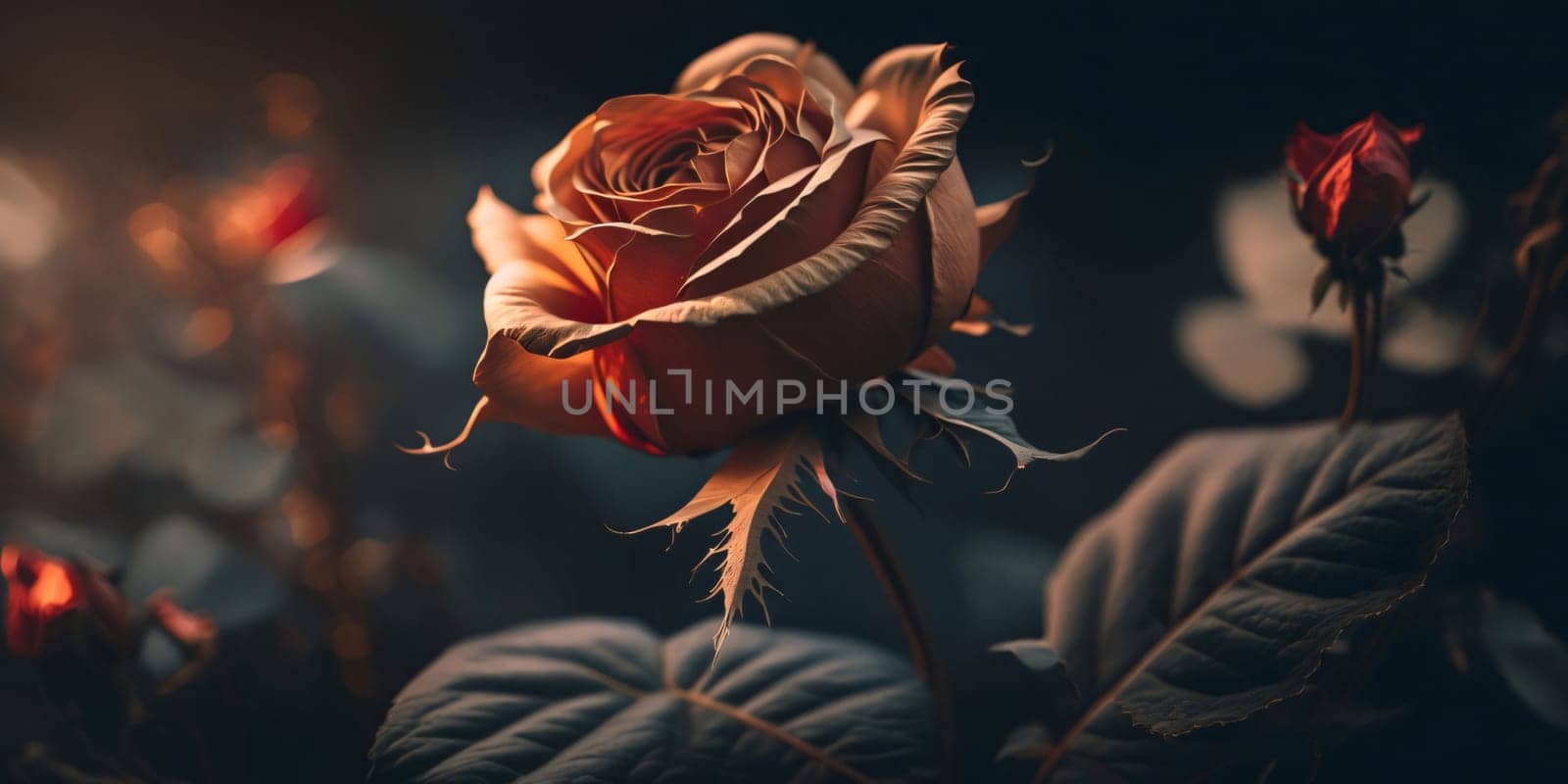 Banner: Beautiful orange rose on dark background with copy space for text.