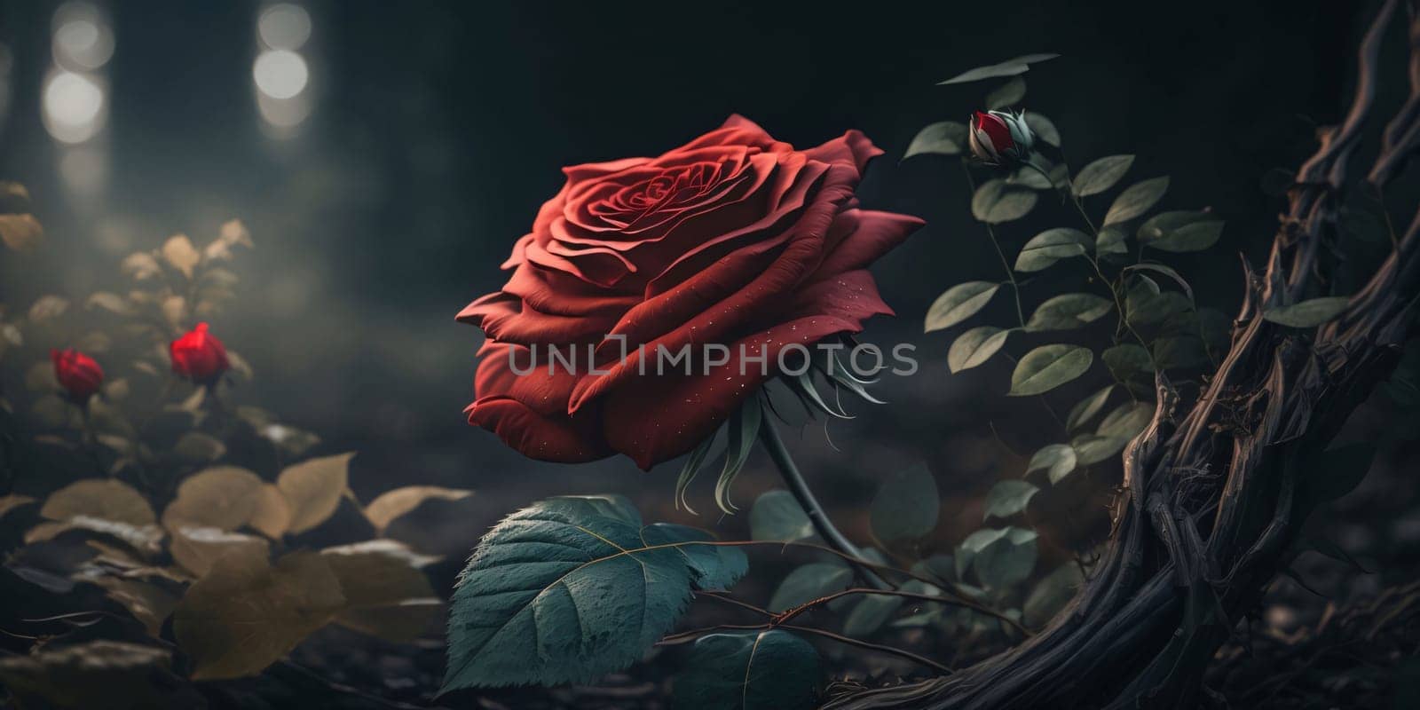 Beautiful red rose on a dark foggy background. Toned. by ThemesS