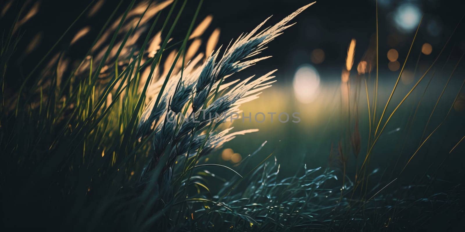 Banner: Close up of grass in the meadow at night. Nature background