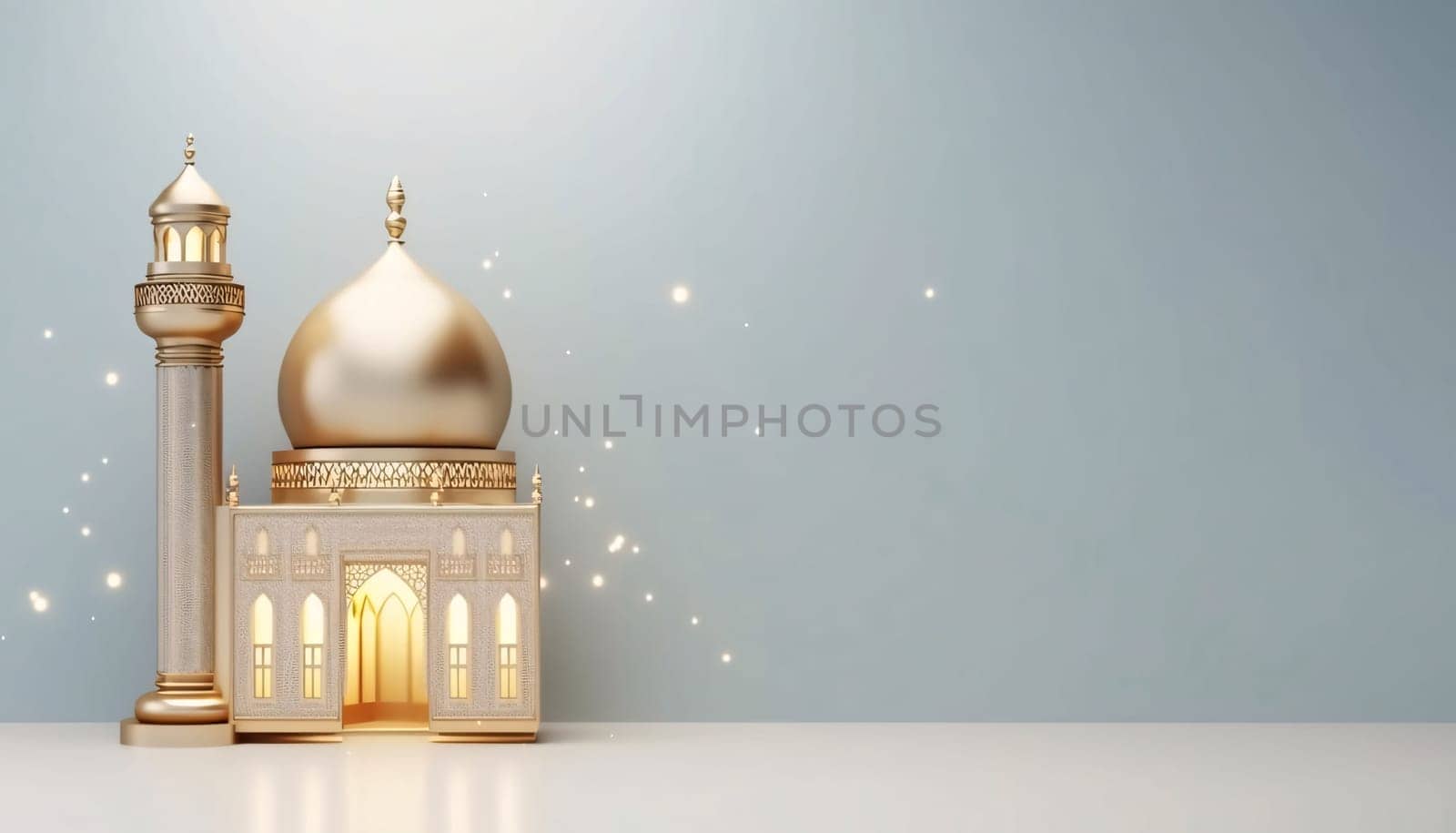 Banner: 3D illustration of Eid Mubarak background with mosque and golden lanterns