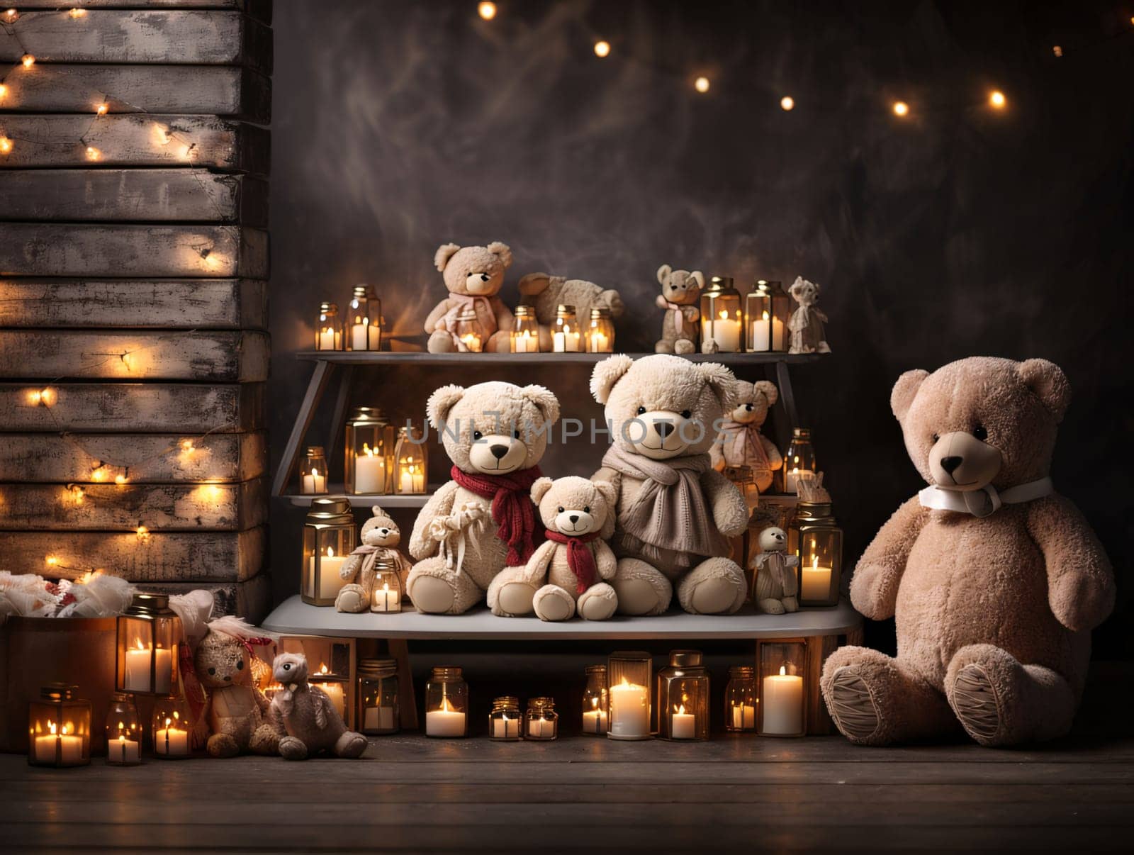 Banner: Cute teddy bears and candles on wooden background. Christmas concept
