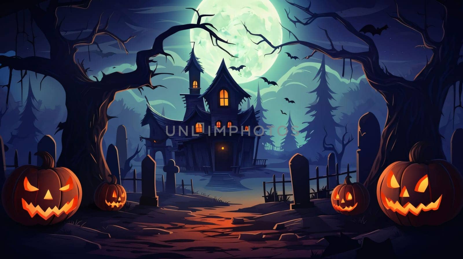 Banner: Halloween background with haunted house and pumpkins. Vector illustration.