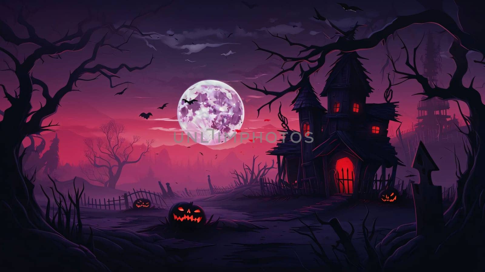 Banner: Halloween background with haunted house and full moon. Vector illustration.