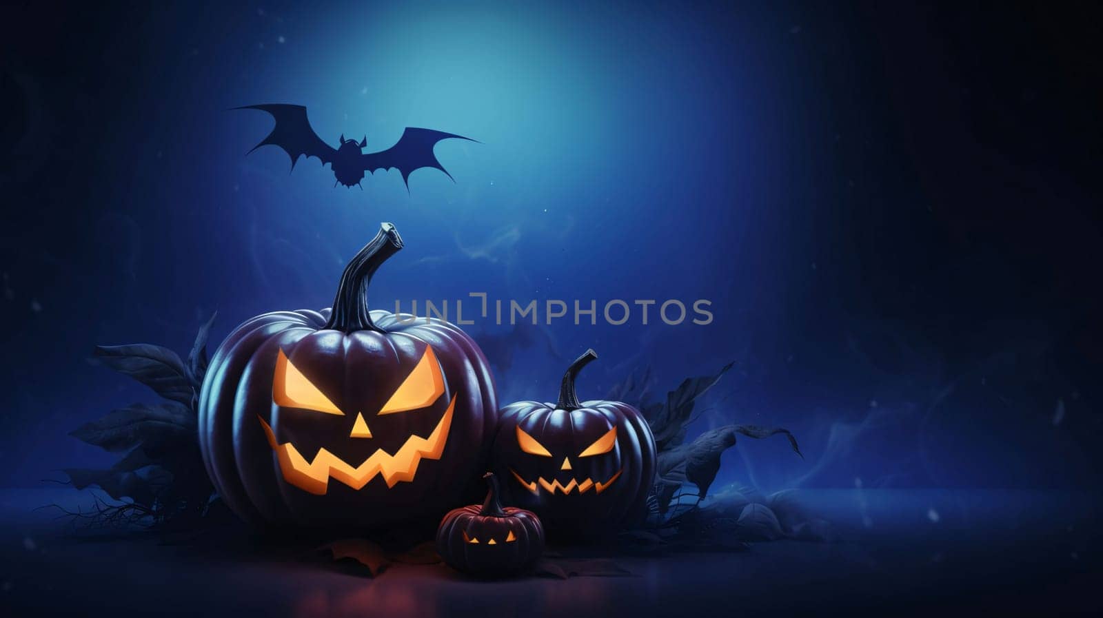 Banner: Halloween pumpkins and bats on dark background, 3d render