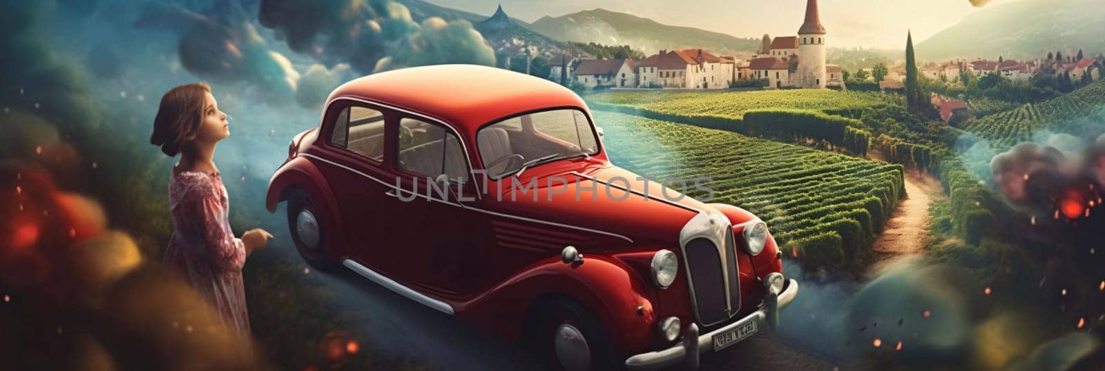 Banner: Young woman with red retro car in a vineyard. 3D rendering