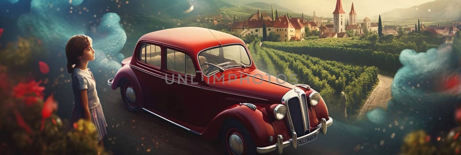 Banner: Beautiful young woman with retro car in a vineyard. 3D rendering