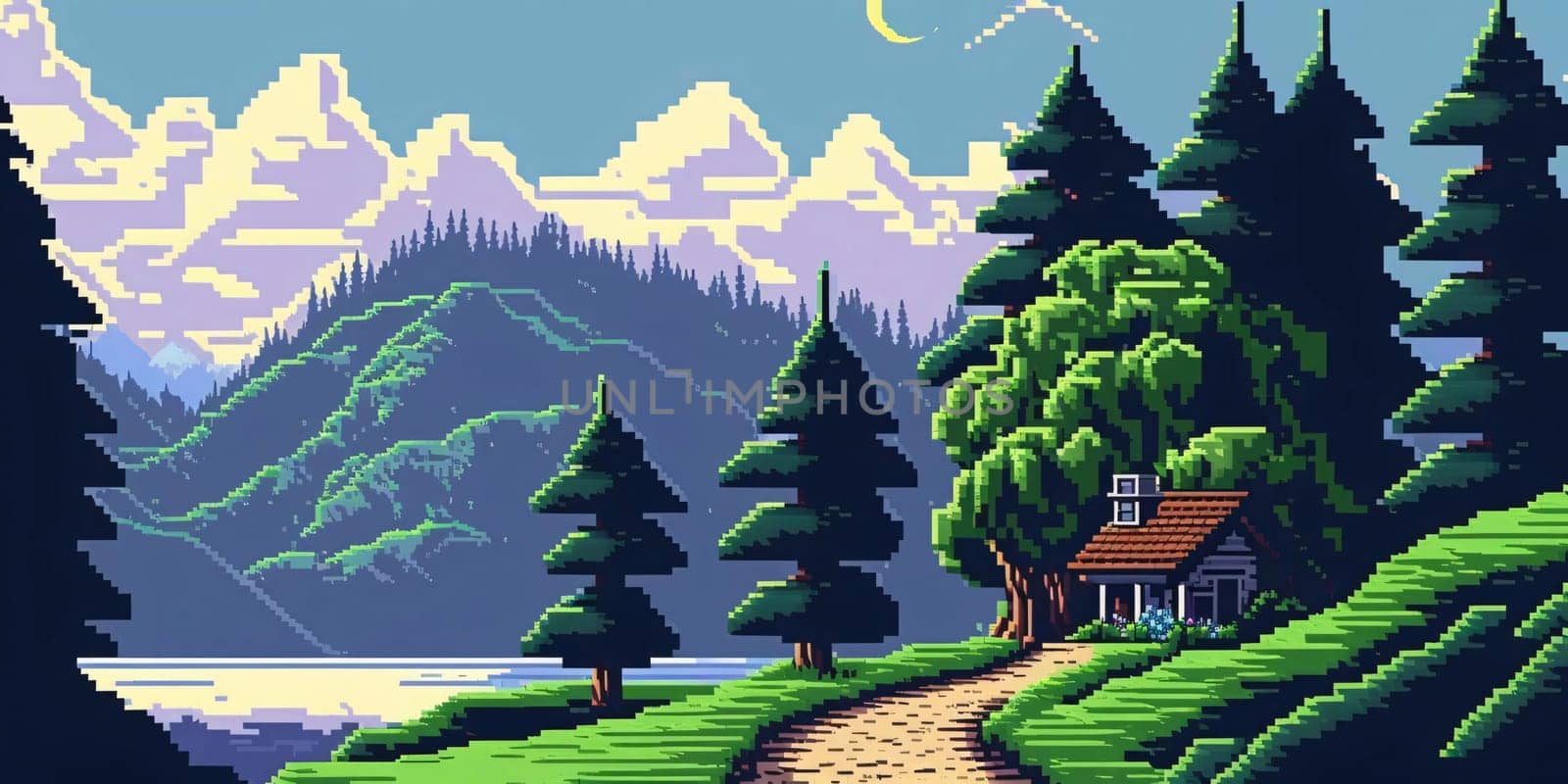 Retro video game scene with pixelated house in the middle of the forest by ThemesS