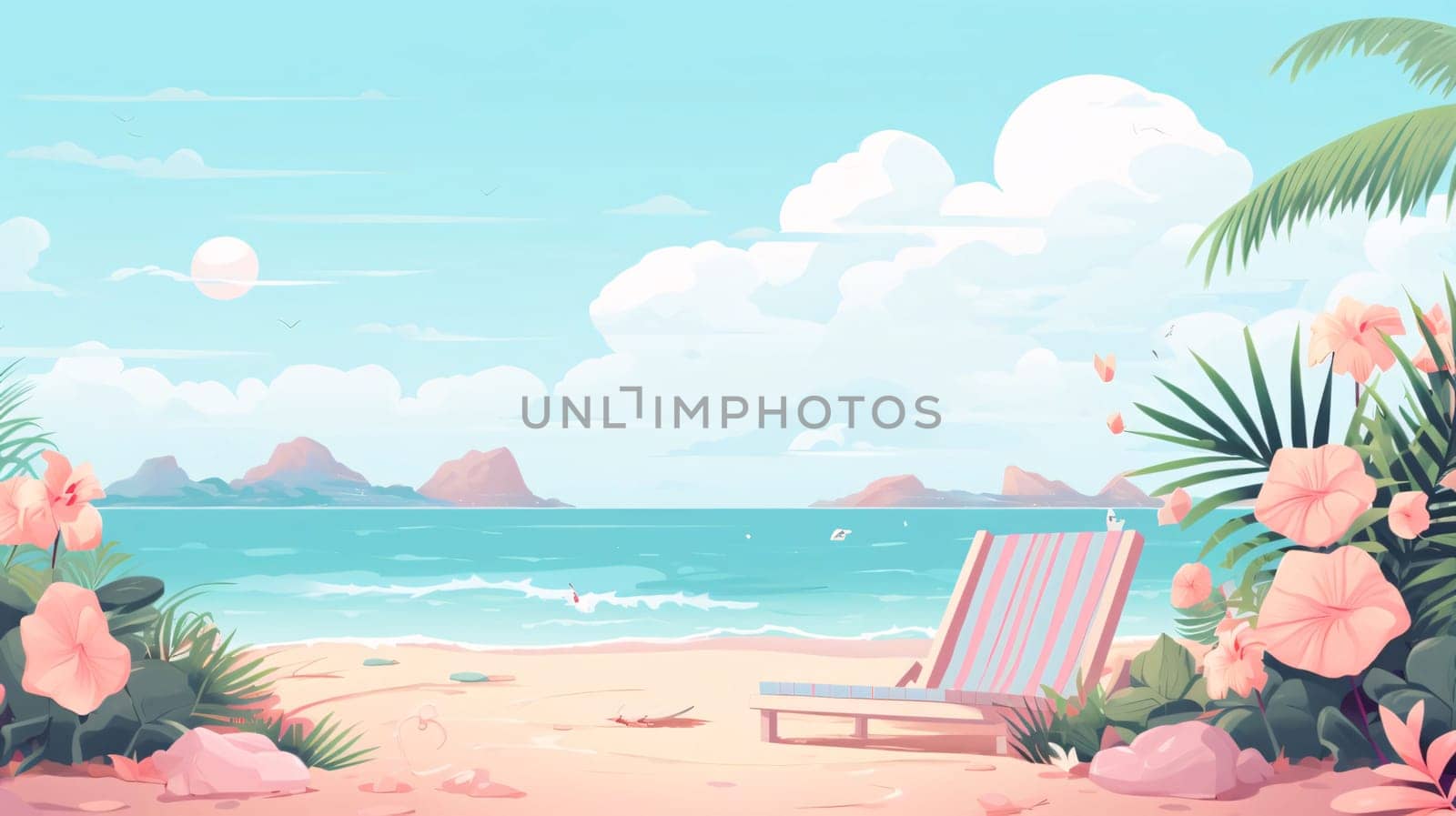 Beach in summer. Vector illustration of a tropical beach with a deck chair and flowers. by ThemesS